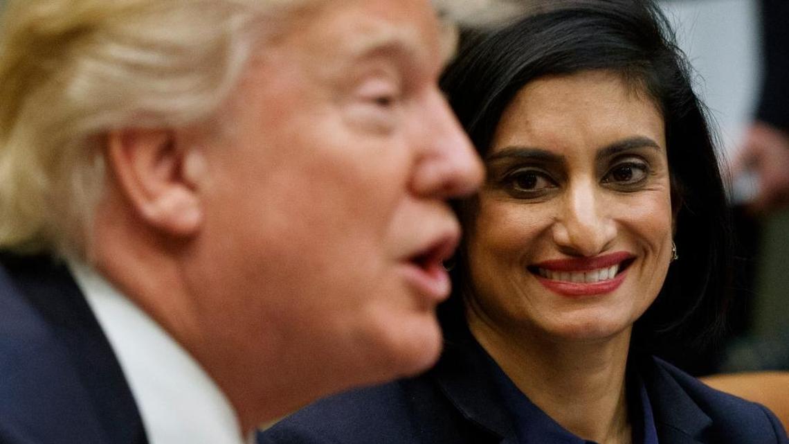 Administrator of the Centers for Medicare and Medicaid Services Seema Verma listen at right as President Donald Trump speaks during a meeting on women in healthcare, Wednesday, March 22, 2017, in the Roosevelt Room of the White House in Washington.