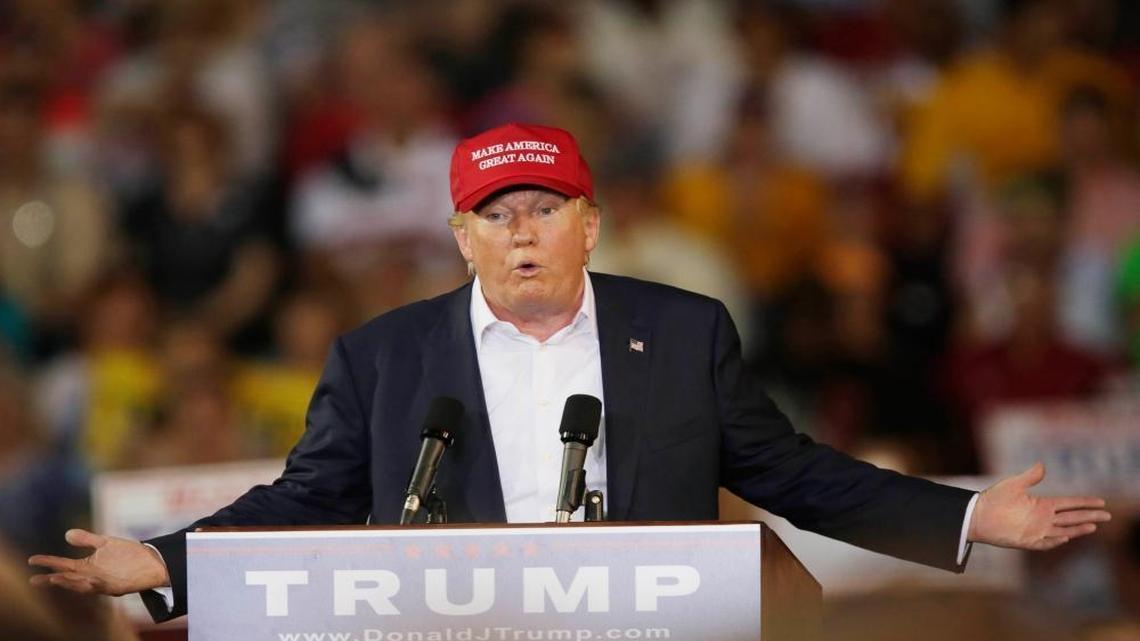 Then-candidate Donald Trump speaks during a campaign pep rally, Friday, Aug. 21, 2015, in Mobile, Ala.