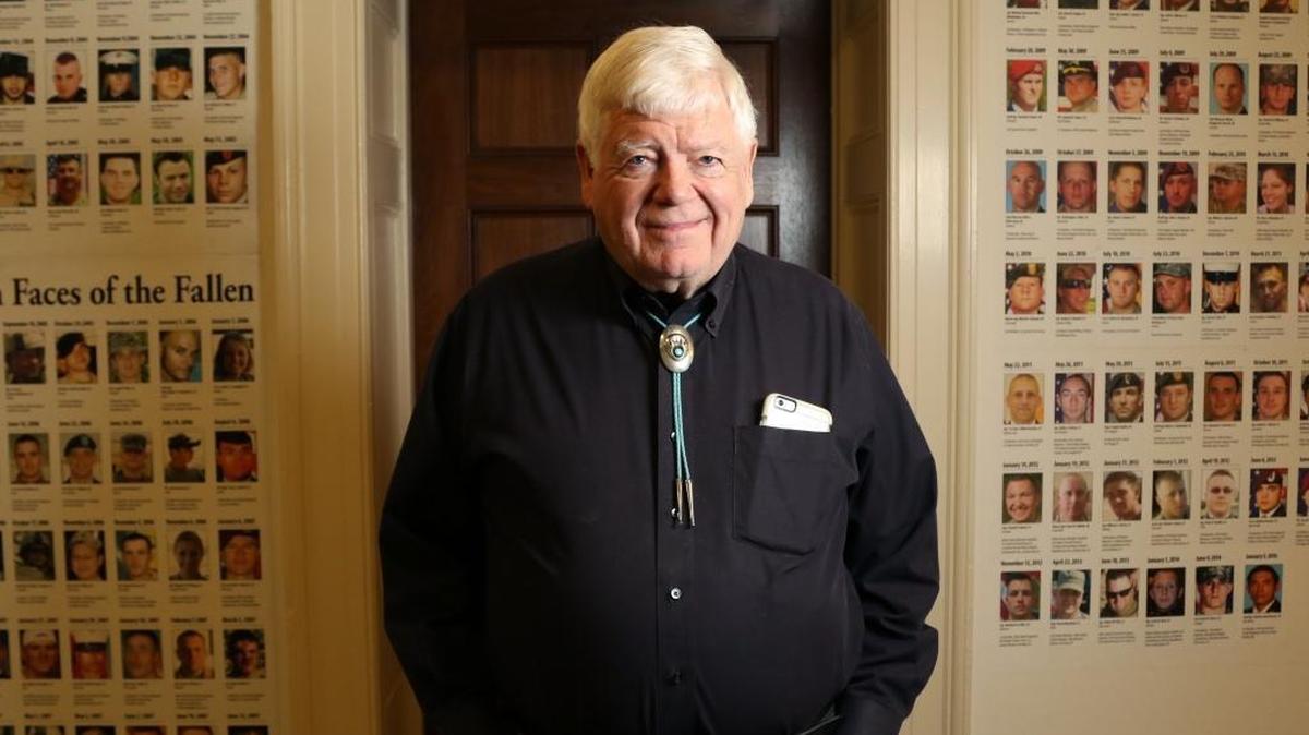 Rep. Jim McDermott, D-Wash., outside his office in Washington, D.C. McDermott, who’s retiring at the end of the year, maintains a display of the photos 150 Washington state soldiers who’ve died in Iraq and Afghanistan in the last 14 years. He titled it "Washington Faces of the Fallen."