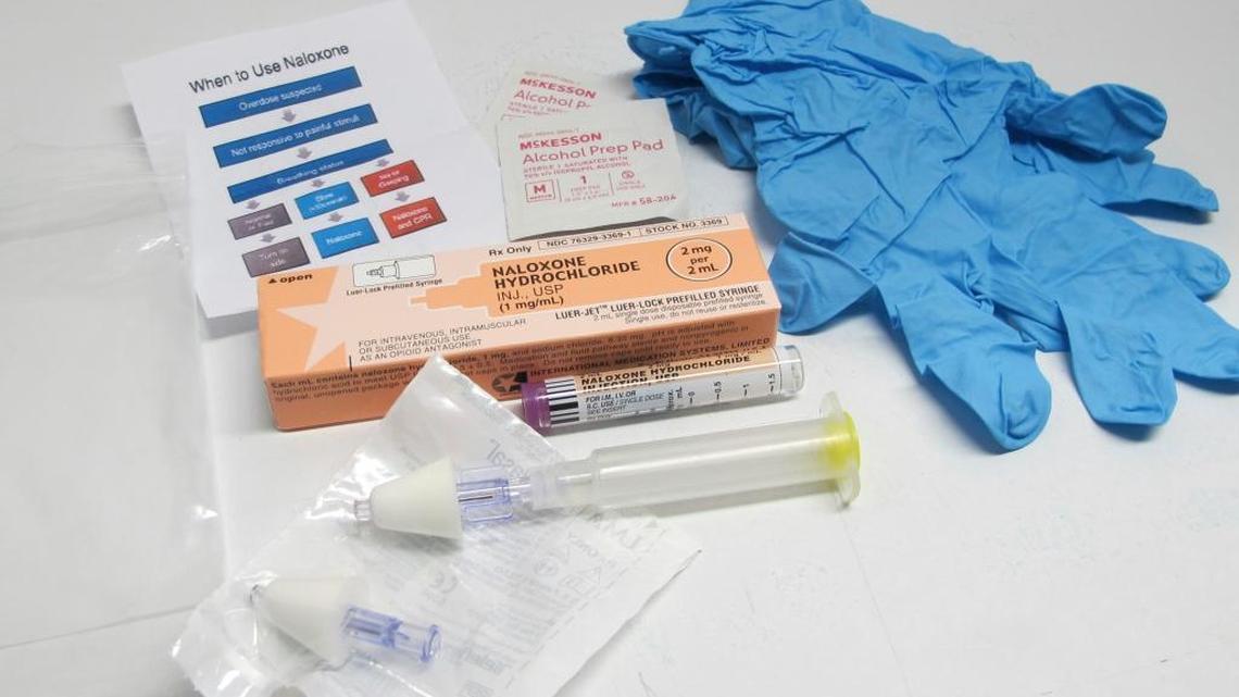 Photo shows the contents of a drug overdose rescue kit at a training session on how to administer naloxone, which reverses the effects of heroin and prescription painkillers, in Buffalo, N.Y.