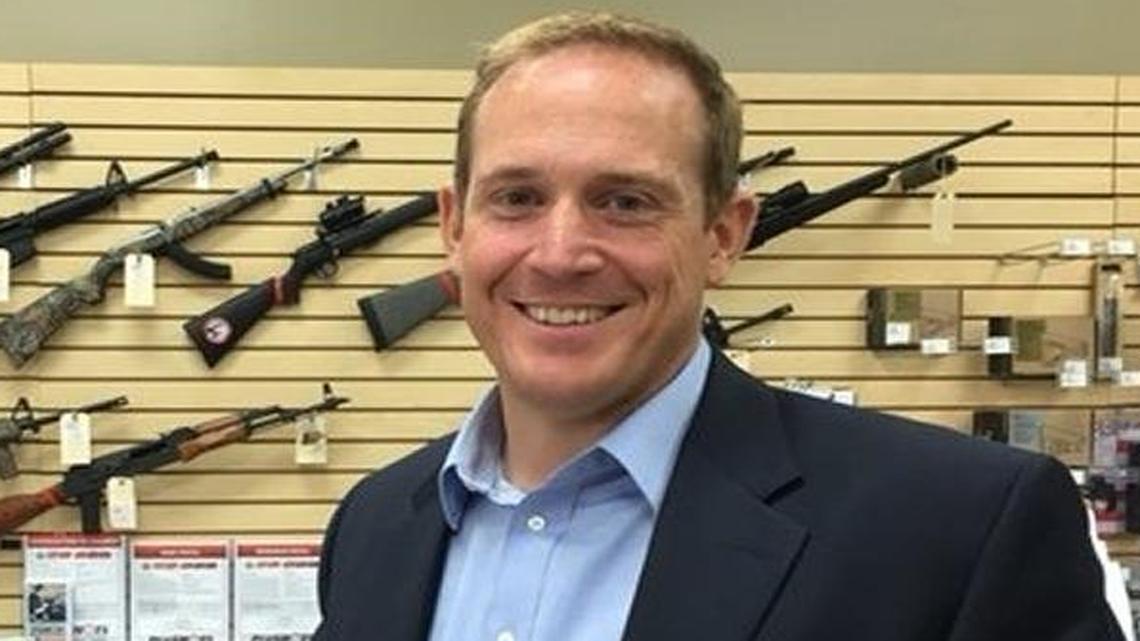 GOP congressional candidate Ted Budd in his gun store. He won the five-county 13th District primary with just 6,340 votes.