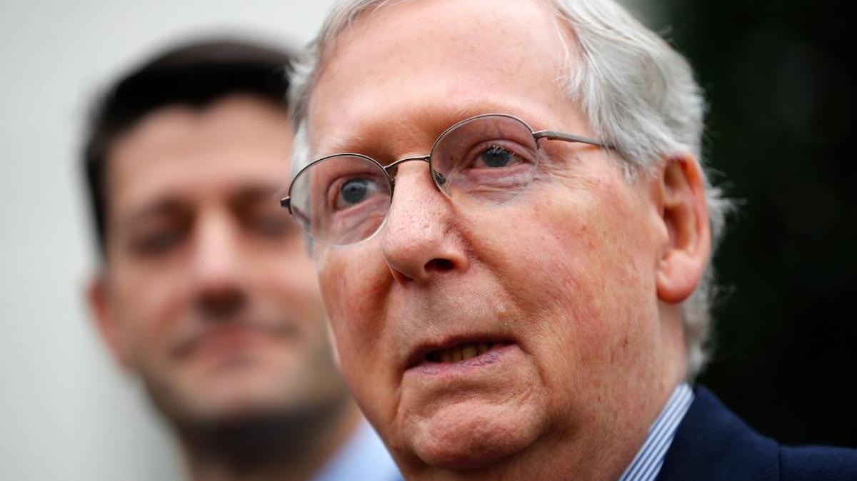 Senate Majority Leader Mitch McConnell, R-Ky., accompanied by House Speaker Paul Ryan, R-Wis., speaks to reporters outside the White House in Washington, Monday, Feb. 27, 2017, following their meeting with President Donald Trump.