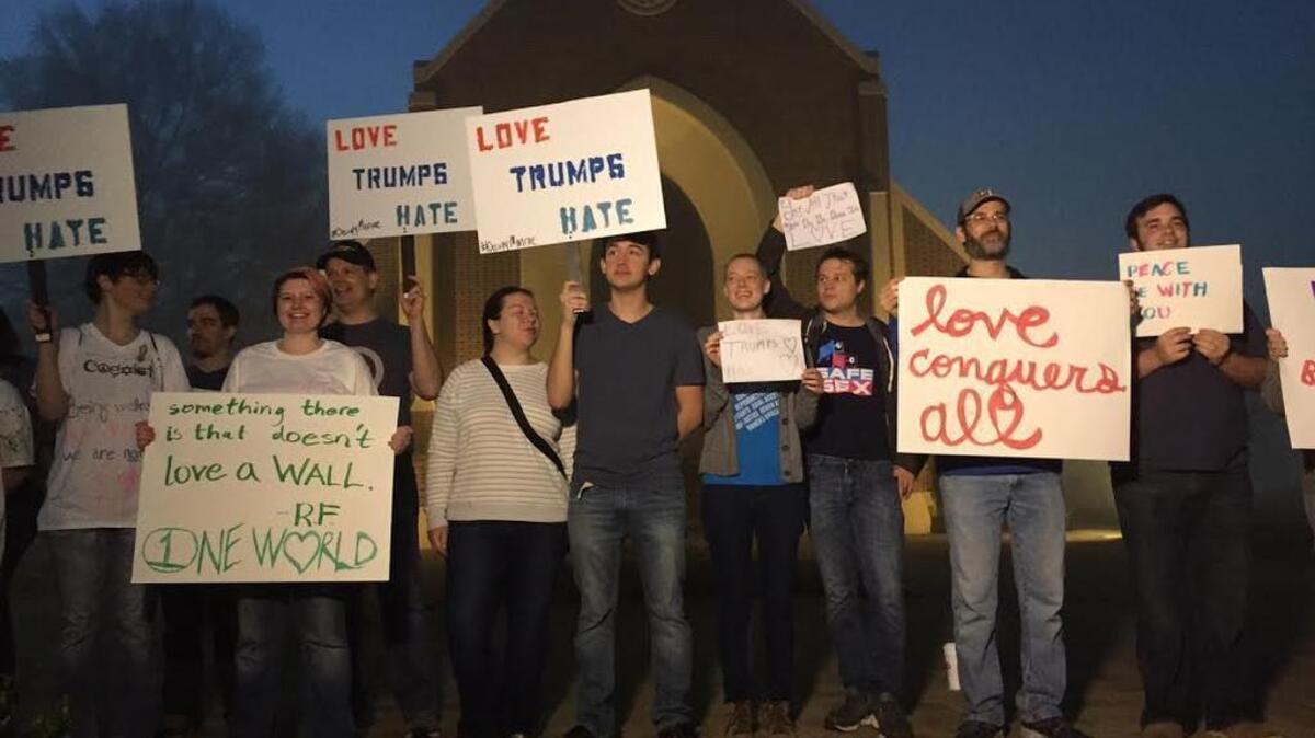 Protesters lined up on the campus of Lenoir-Rhyne prior to a rally by Donald Trump on Monday.