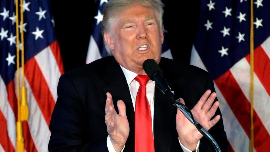 Republican presidential candidate Donald Trump addresses an audience during a campaign rally, Monday, April 25, 2016, in Warwick, R.I.