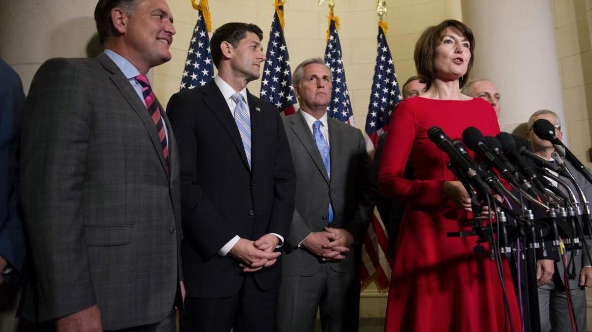 Republican Conference Chair Rep. Cathy McMorris Rodgers, R-Wash., right, Republican Policy Committee Chair, will be the only woman left of the House leadership team. She and other team members, including Rep. Luke Messer, R-Ind., left, House Speaker Paul Ryan of Wis., center, and House Majority Leader Kevin McCarthy, of Calif., center right, participated in a news conference on Capitol Hill in Washington, Tuesday, Nov. 15, 2016, after Ryan unanimously won his GOP colleagues' votes for another term at the helm of the House.