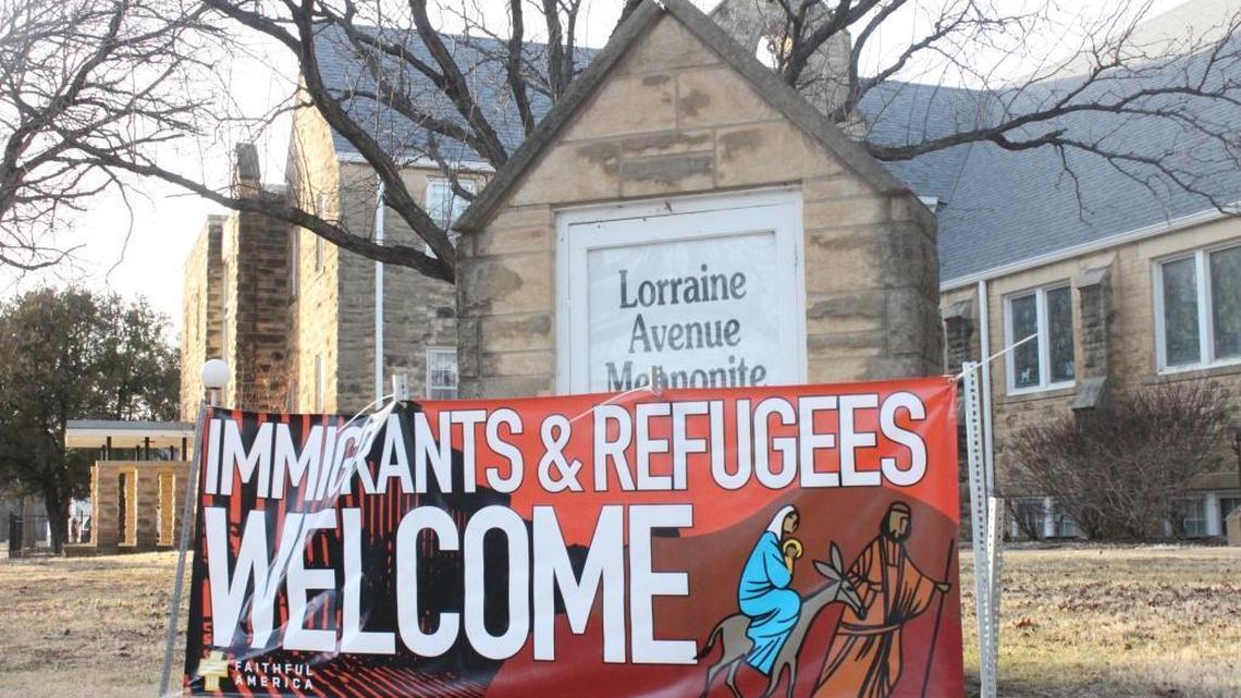 A sign outside Lorraine Avenue Mennonite Church in Wichita welcomes immigrants and refugees while depicting Mary, Joseph and Jesus as refugees fleeing to Egypt. Photo taken Jan. 31, 2017.