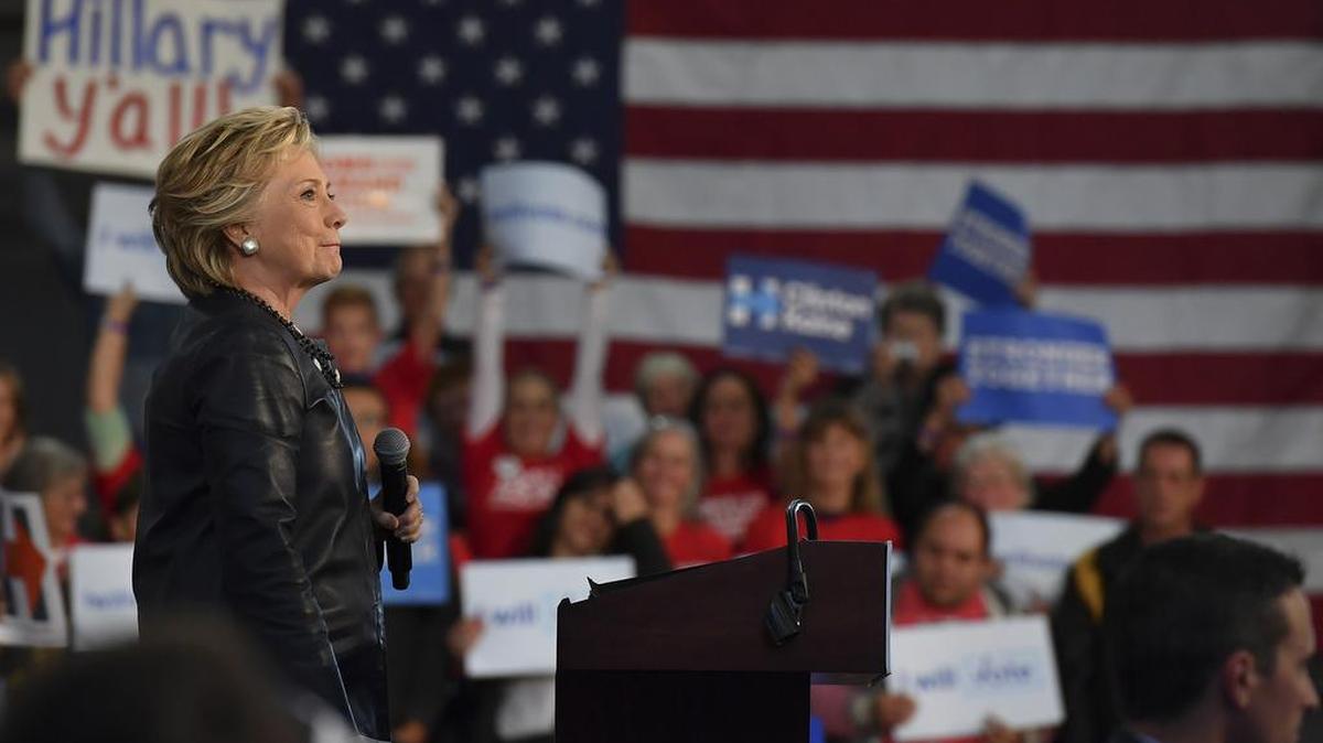 Democratic presidential candidate Hillary Clinton speaks during a rally at Palace of Agriculture at Colorado State Fair Grounds on Wednesday, Oct. 12, in Pueblo, Colo. The Clinton campaign is expected to decide in the coming days whether to make a more aggressive play for states such as Georgia and Arizona.