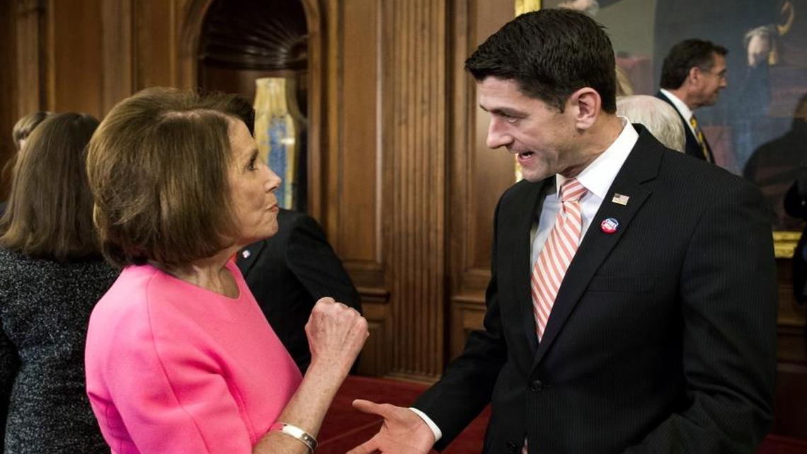 House Speaker Paul Ryan of Wis. talks with House Minority Leader Nancy Pelosi of Calif. on Capitol Hill in Washington last week.