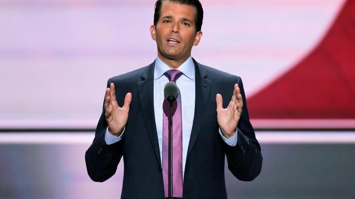 In this July 19, 2016, file photo, Donald Trump Jr., son of Republican presidential candidate Donald Trump, speaks at the Republican National Convention in Cleveland. The younger Trump posted a message on Twitter likening Syrian refugees to a bowl of poisoned Skittles, causing a stir and negative tweets on the internet into Tuesday, Sept. 20.