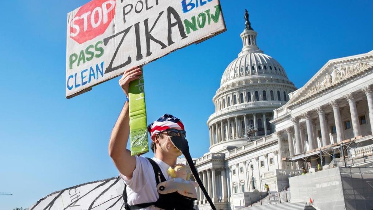 Wearing a homemade mosquito costume, an expectant father from Washington who asked not to be named protests the lack of congressional approval to fund a federal response to the Zika virus.