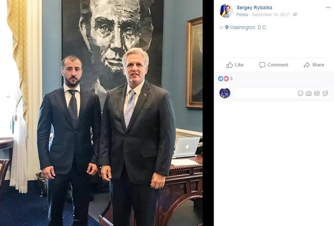 This screenshot from Ukrainian lawmaker Serhey Rybalka’s Facebook page shows him in the office of California Rep. Kevin McCarthy, the House majority leader.