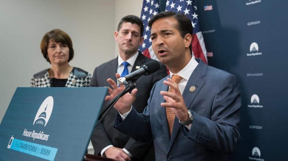 Rep. Carlos Curbelo, R-Fla., a member of the House Ways and Means Committee, is joined by, from left, Rep. Cathy McMorris Rodgers, R-Wash., and Speaker of the House Paul Ryan, R-Wis., as they talk about the GOP agenda for tax reform during a news conference on Capitol Hill in Washington, Tuesday, Oct. 24, 2017.