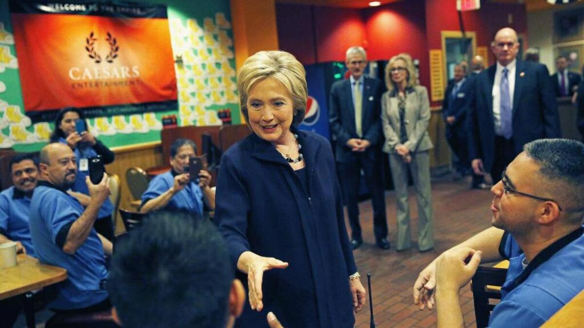 Democratic presidential candidate Hillary Clinton meets with employees of the Rio during a visit to the hotel and casino, Thursday, Feb. 18, 2016, in Las Vegas.