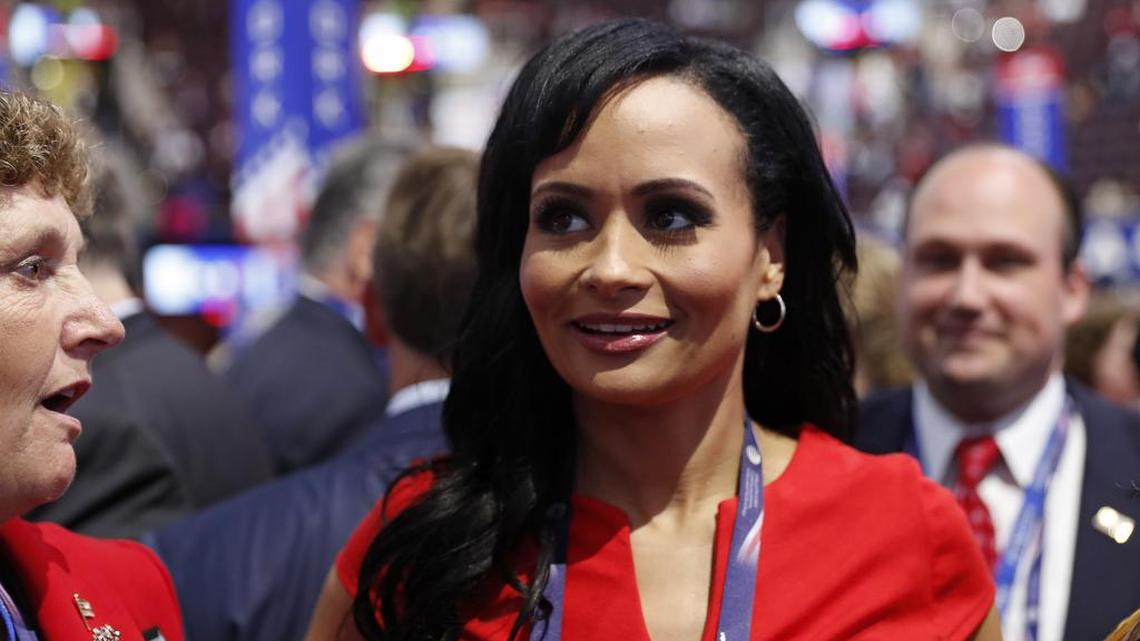 Republican Presidential Candidate Donald Trump spokeswoman Katrina Pierson talks with delegates on the convention floor during the final day of the Republican National Convention in Cleveland, Thursday, July 21, 2016. On Thursday, Pierson, who is not a doctor, diagnosed Democratic candidate Hillary Clinton with “dysphasia.”