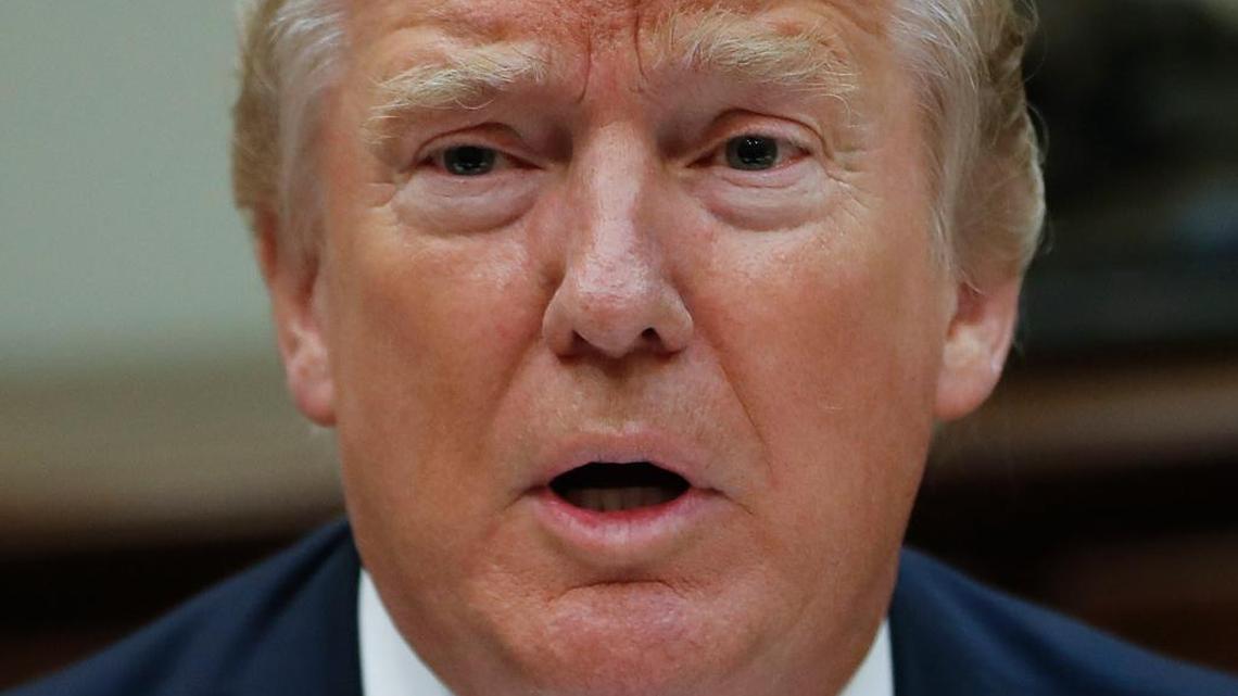 President Donald Trump speaks while having lunch with services members in the Roosevelt Room of the White House in Washington, Tuesday, July 18, 2017.