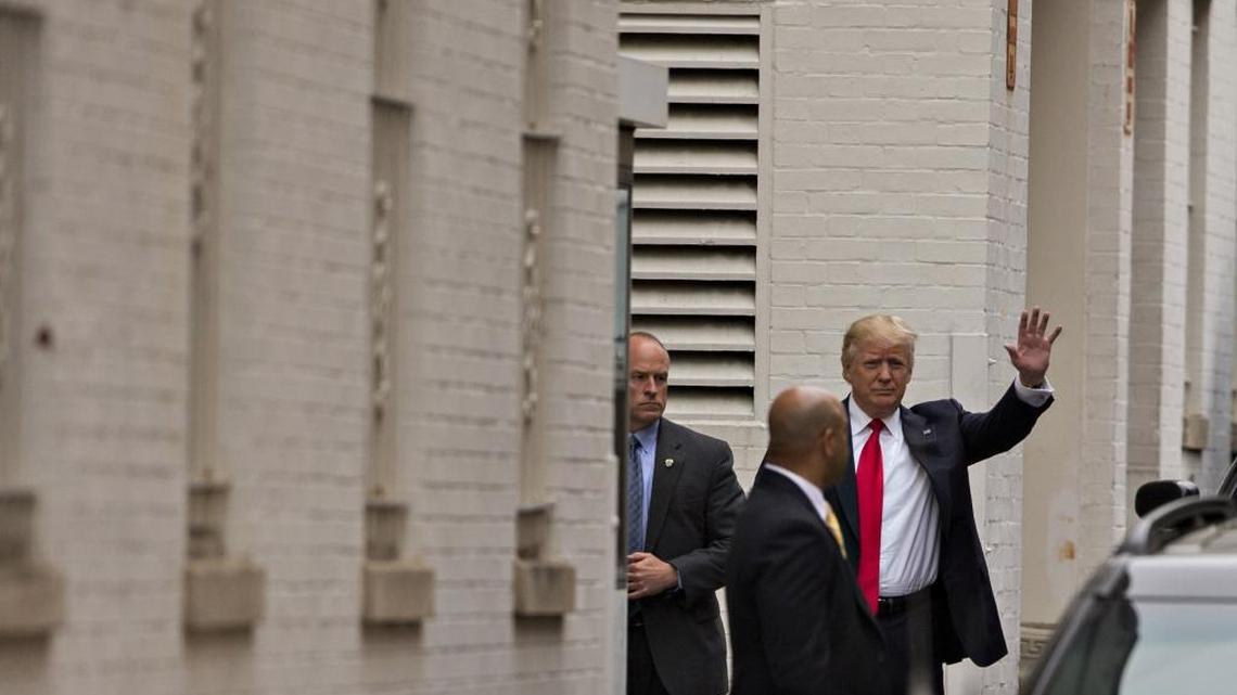 Donald Trump, the presumptive Republican presidential nominee, waves to members of the media as he arrives to meet with U.S. House Speaker Paul Ryan on Thursday, May 12, 2016.