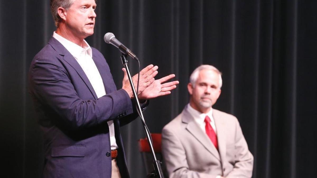 Republican congressional candidate Roger Marshall (left) during a debate with U.S. Rep. Tim Huelskamp of Kansas on June 27, 2016.
