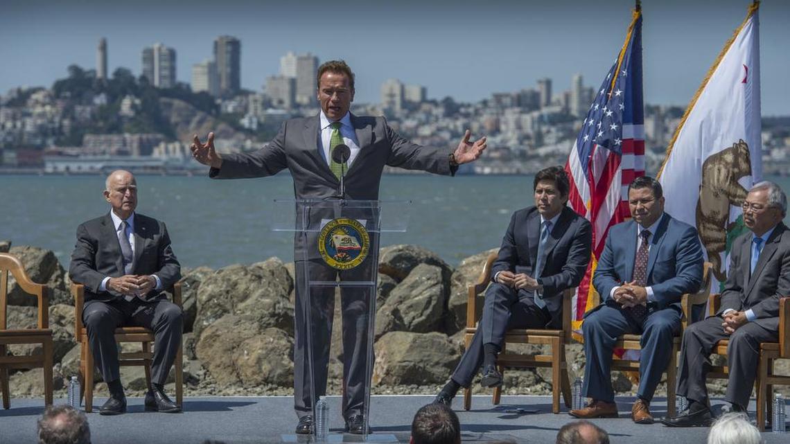 Former Gov. Arnold Schwarzenegger, speaks as Gov. Jerry Brown signs of bill extending cap and trade climate change program until 2030 on Tuesday, July 25, 2017 at Treasure Island.