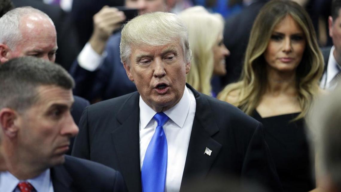 Republican presidential candidate Donald Trump speaks in the spin room after the presidential debate between Trump and Democratic presidential candidate Hillary Clinton at Hofstra University, Monday, Sept. 26, 2016, in Hempstead, N.Y.