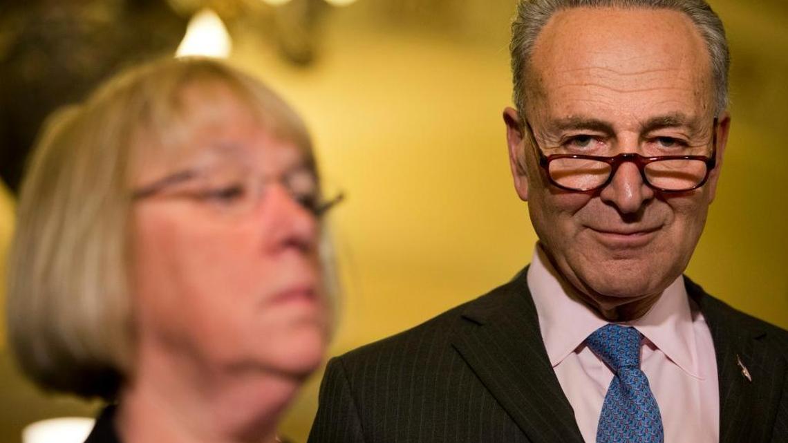 Sen. Patty Murray, D-Wash., left, and Sen. Charles Schumer, D-N.Y., this week urged Congress to approve a one-time $581 emergency payment for the more than 65 million retirees, veterans and disabled Americans who receive Social Security payments. Here, Murray and Schumer attend a news conference of Senate Democratic leaders on Capitol Hill in Washington, on May 17, 2016.