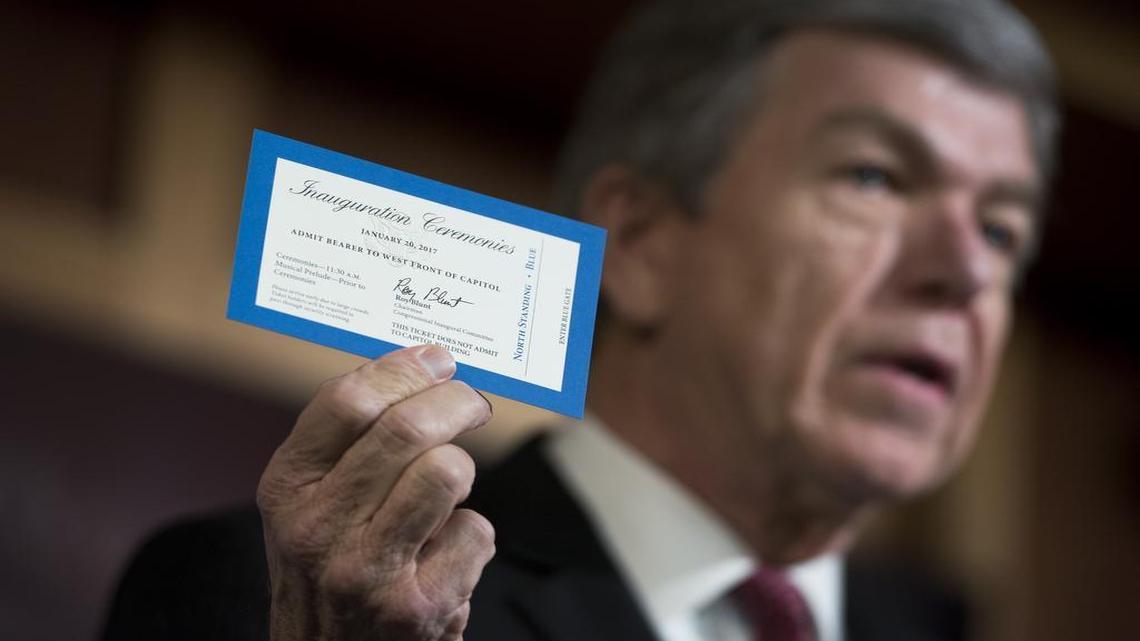 Sen. Roy Blunt, R-Mo., chairman of the Joint Congressional Committee on Inaugural Ceremonies, revealed the tickets for Donald Trump’s inauguration at a news conference at the Capitol on Jan. 5, 2016.