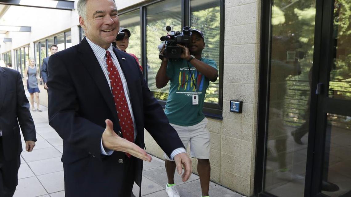 Sen. Tim Kaine, D-Va., arrives for a roundtable discussion on immigration reform at Unitarian Universalist Church of Arlington in Arlington, Va., Thursday, July 21, 2016.