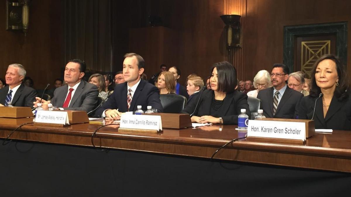 Five judicial nominees for U.S. District Court in Texas have their confirmation hearing before the Senate Judiciary Committee in Washington on Wednesday, Sept. 7, 2016. From left to right are Judge Walter David Counts III, Judge E. Scott Frost, James Wesley Hendrix, Judge Irma Carrillo Ramirez and Karen Gren Scholer.