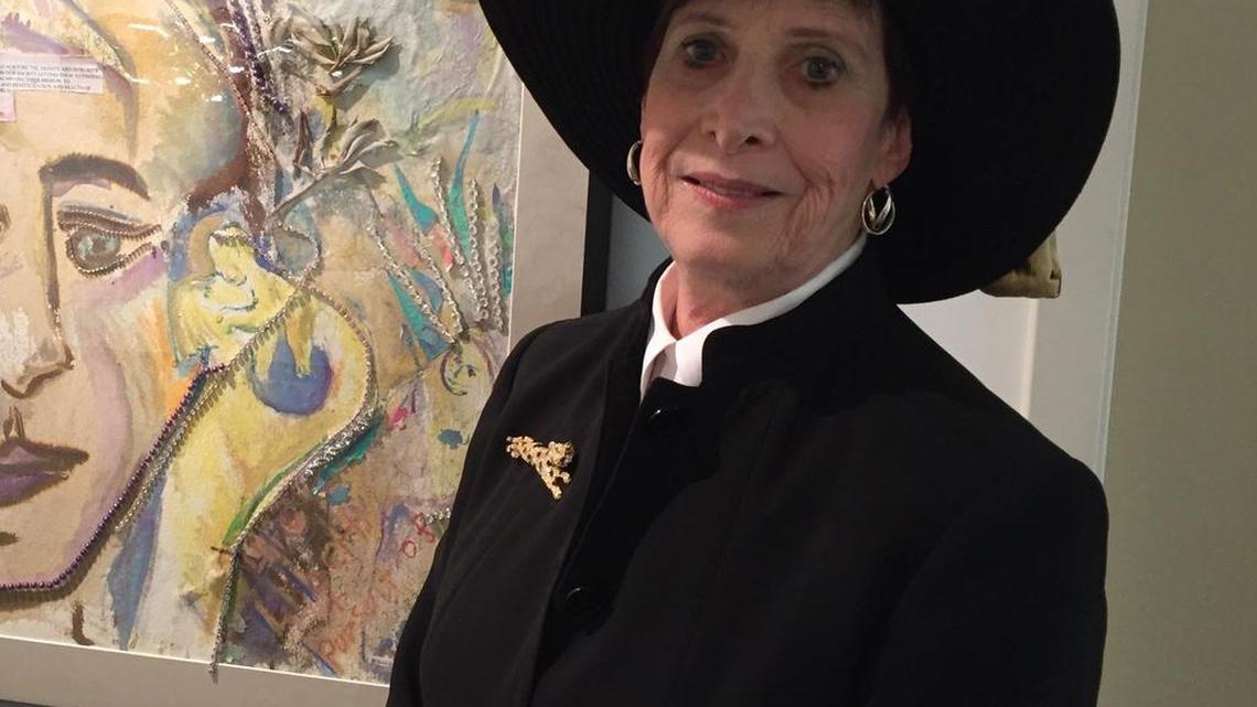 Susan Levy, mother of murder victim Chandra Levy, stands in front of her self-portrait, “A Mother’s Tears II,” at Artists & Makers Studios in Rockville, Md. Levy’s watercolors, collages and a photo were part of an exhibition, “Finding My Own Voice,” that ran in April 2016.