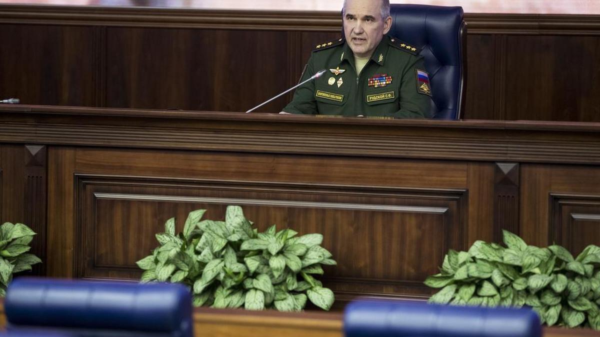 Col. Gen. Sergei Rudskoi of the Russian General Staff speaks to the media in Moscow, Russia, Tuesday, April 11, 2017. Russia’s General Staff says the Syrian government is willing to let international experts to examine its military base for signs of chemical weapons.