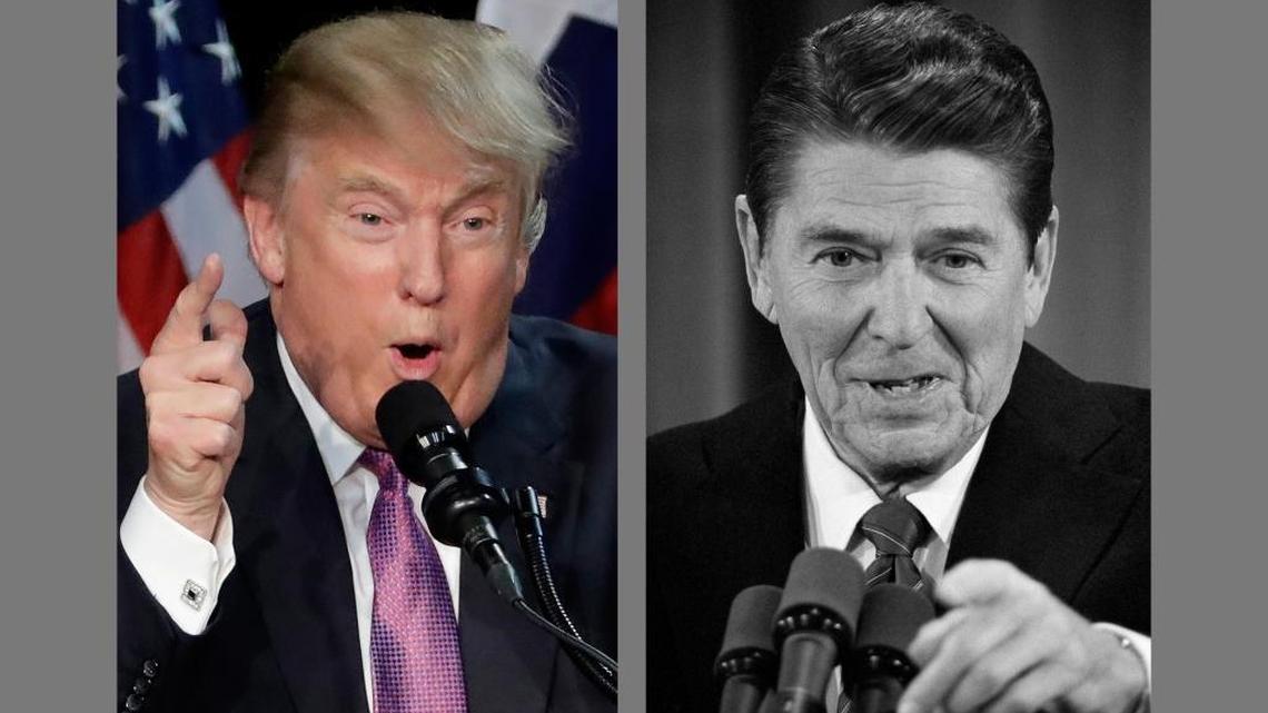 Ronald Reagan’s shadow lurks over the four-day Republican convention, providing comfort at a time when few party regulars trust Donald Trump. Left, Trump speaks during a rally June 17, 2016, in The Woodlands, Texas. Right, President Reagan faces reporters in Washington at a news conference Feb. 23, 1984.