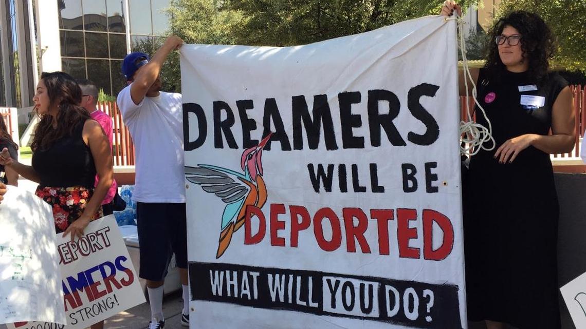 Immigrant rights groups, advocating for DACA, the program that allows youths who were brought to the country illegally as children to legally work and be shielded from deportation, rally in Phoenix, Ariz., Monday, Aug. 28, 2017.