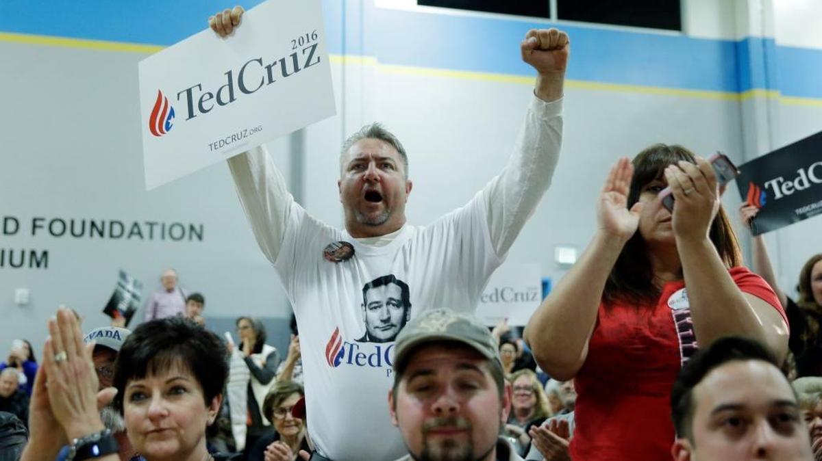 Supporters cheer for Republican presidential candidate Sen. Ted Cruz, R-Texas, as he speaks at a rally in Reno, Nev.