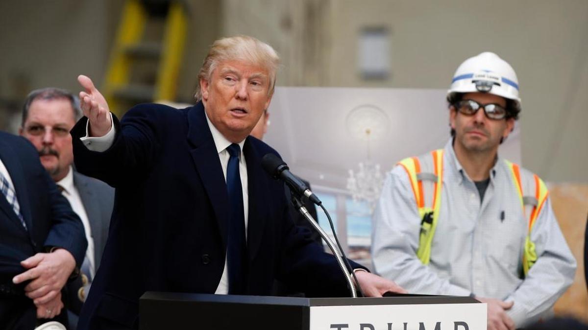 Republican presidential candidate Donald Trump speaks during a campaign event in the atrium of the Old Post Office Pavilion, soon to be a Trump International Hotel, Monday.