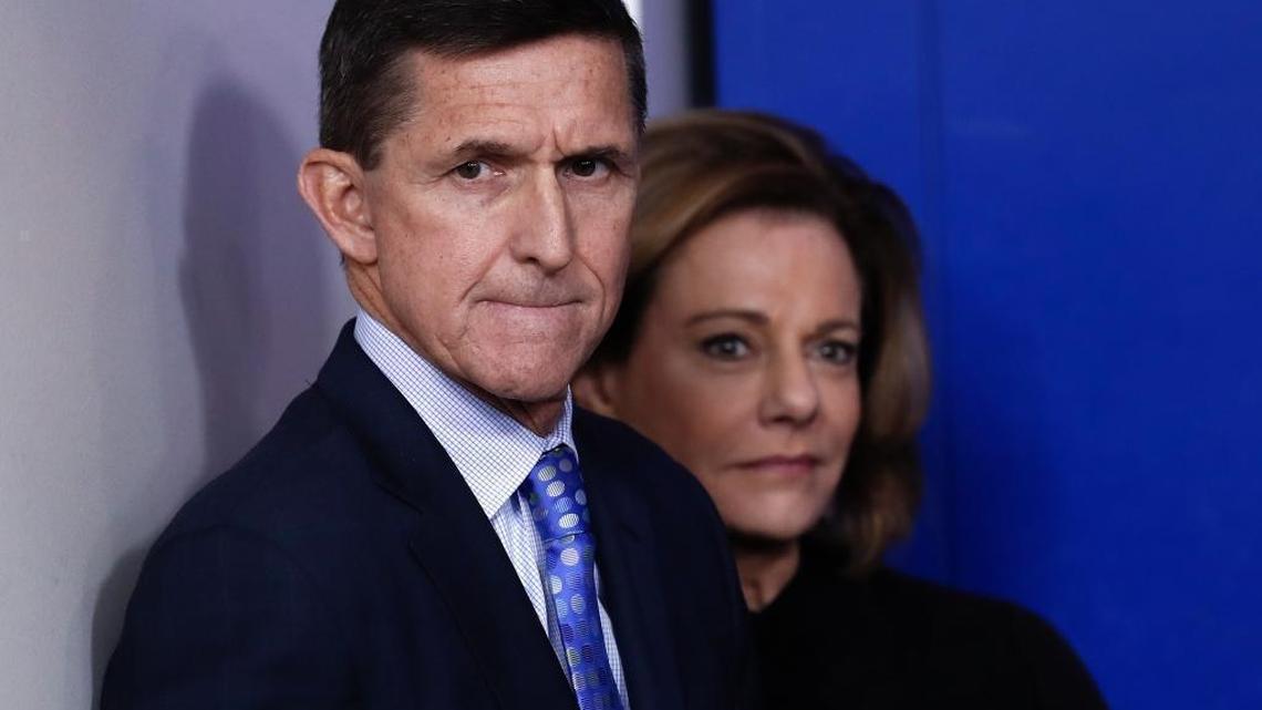 Then-National Security Adviser Michael Flynn and his deputy, K.T. McFarland, watch the daily news briefing at the White House on Feb. 1, 2017. Flynn told the briefing that the administration was putting Iran “on notice” after Iran tested a ballistic missile.