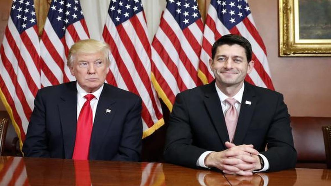 President-elect Donald Trump, center, his wife Melania and House Speaker Paul Ryan of Wis. after a meeting in the Speaker's office on Capitol Hill in Washington, Nov. 10, 2016.