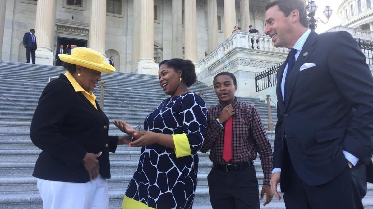 Rep. Alma Adams, D-N.C., left, N.C. A&T State University student Nasya Blackwell, Johnson C. Smith University student Dariana Reid, center, and Rep. Mark Walker, R-N.C., right, speak on Capitol Hill. Blackwell and Reid are summer interns in a program created by Adams and Walker designed to expose students to what it’s like working in Democratic and Republican congressional offices.