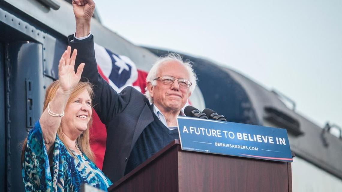 Democratic presidential candidate Bernie Sanders and his wife, Jane, wave to the crowd at the L&N Train Depot in Bowling Green, Ky., on Saturday, May 14, 2016.