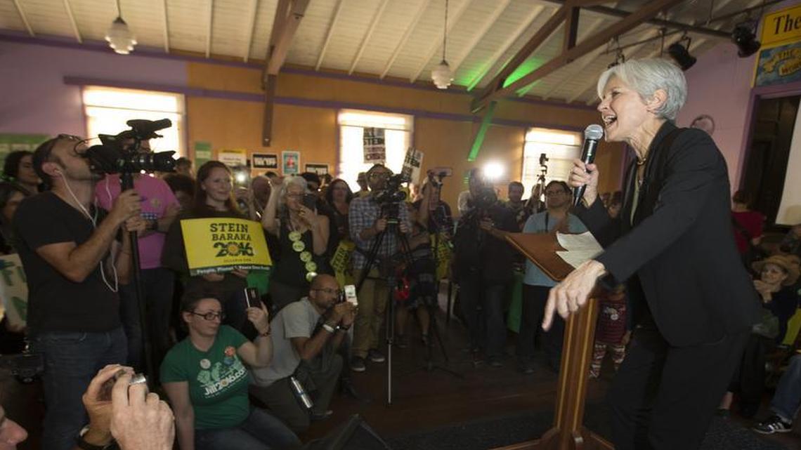 Green party presidential candidate Jill Stein, right, delivers a stump speech to her supporters during a campaign stop at Humanist Hall in Oakland, Calif. on Oct. 6, 2016.