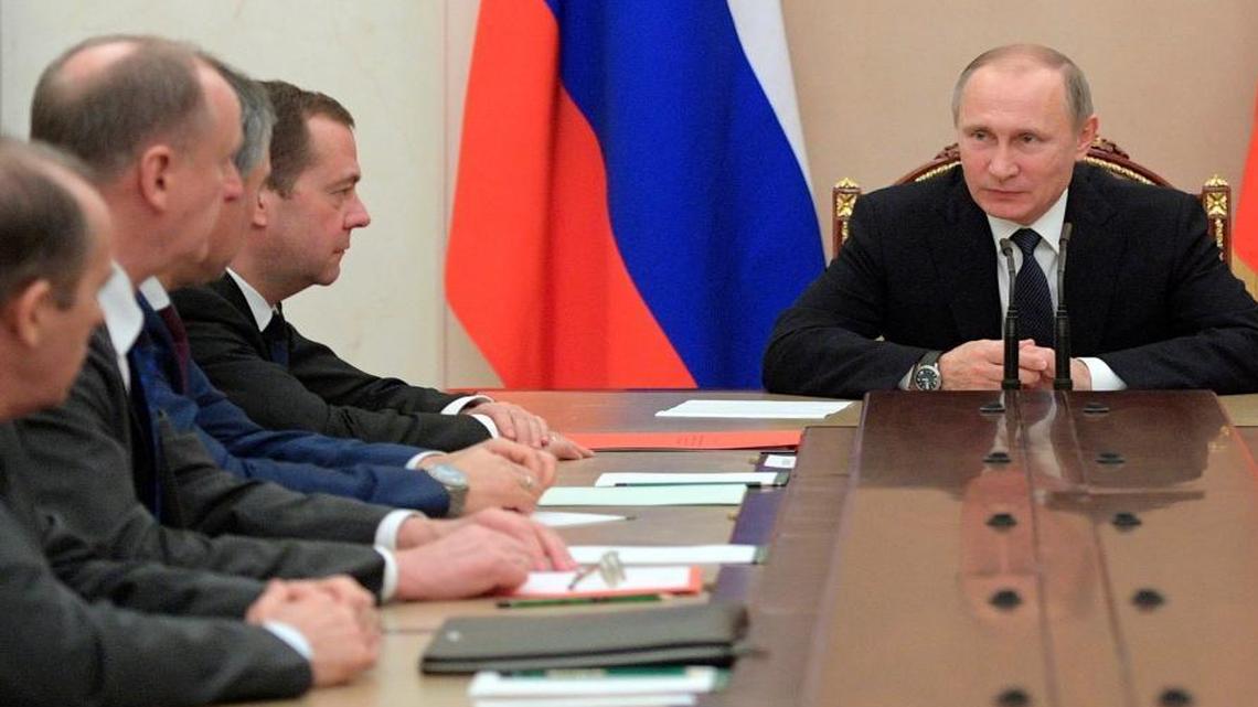 Russian President Vladimir Putin chairs a Security Council meeting in the Kremlin in Moscow, Russia.