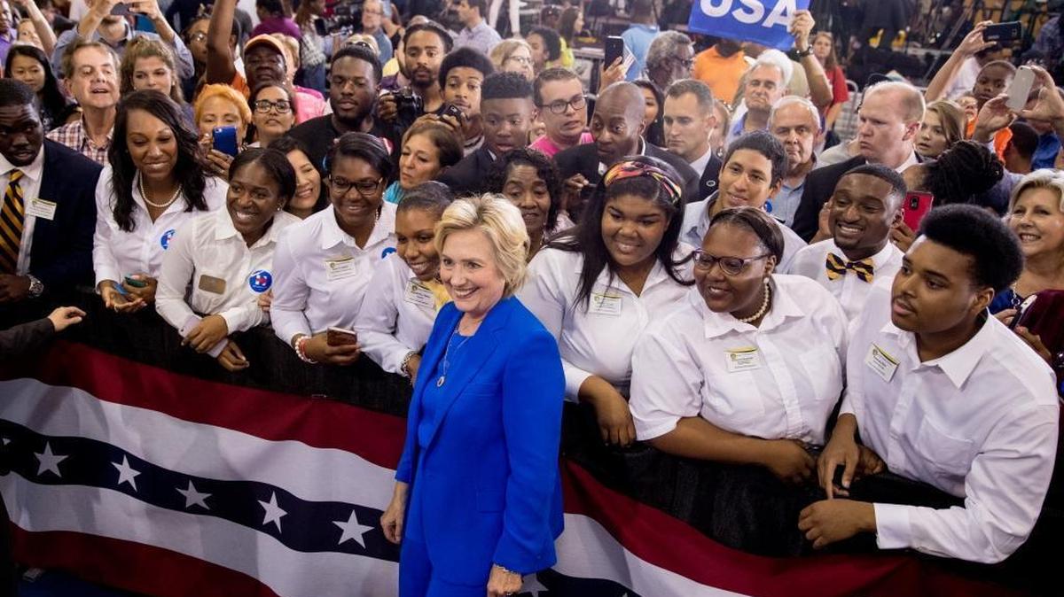 Democratic presidential candidate Hillary Clinton poses with students after she speaks at a rally at Johnson C. Smith University in Charlotte, N.C., in one of the nation’s top swing states.