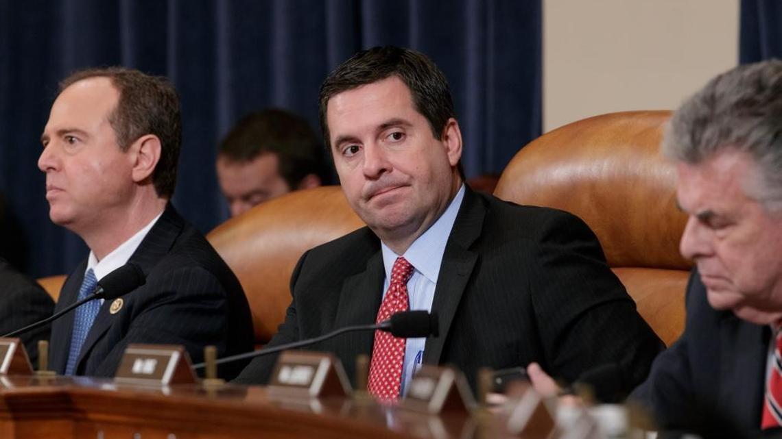 House Intelligence Committee Chairman Rep. Devin Nunes, flanked by the committee's ranking member Rep. Adam Schiff, left, and Rep. Peter King, R-N.Y., at Monday’s hearing on allegations of Russian interference in the 2016 U.S. presidential election.