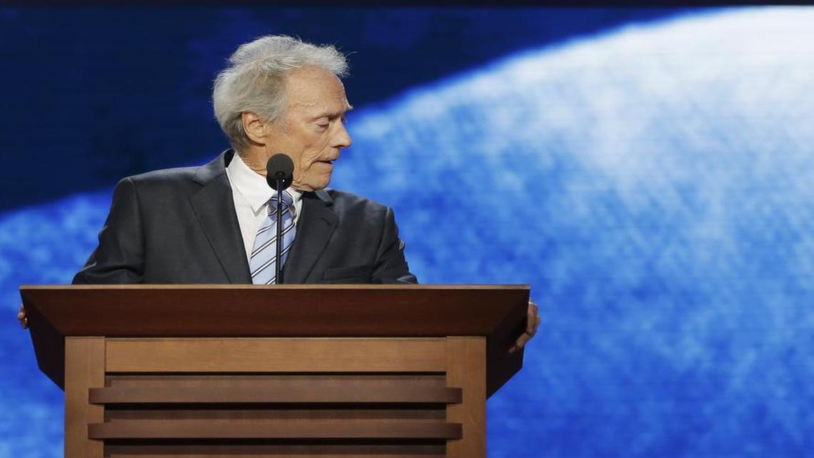 Clint Eastwood addresses an empty chair at the 2012 Republican National Convention. Eastwood stopped short of endorsing Donald Trump in an Esquire interview, but praised him for his “anti-PC” style.