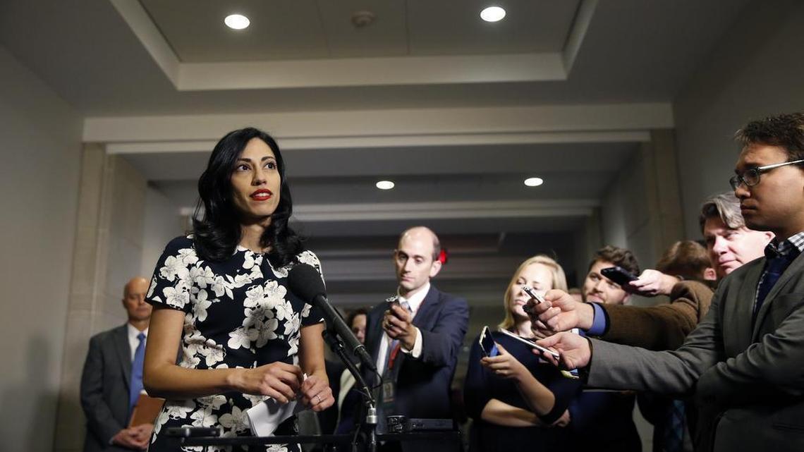 Huma Abedin, a longtime aide to Hillary Rodham Clinton, speaks to the media after testifying at a closed-door hearing of the House Benghazi Committee in Washington, Oct. 16, 2015. The longtime Hillary Clinton aide at the center of a renewed FBI email investigation testified under oath four months ago she never deleted old emails, despite promising in 2013 not to take sensitive files when she left the State Department.