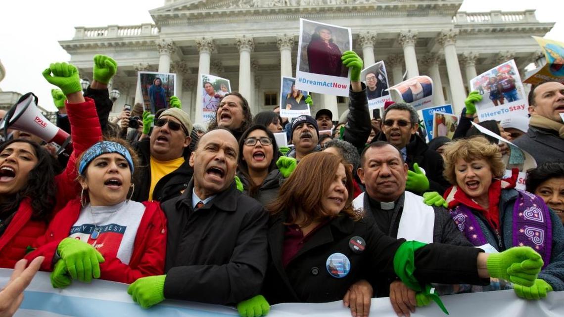 Rep. Luis Gutierrez D-Ill., third from left, along with other demonstrators protest outside of the U.S. Capitol in support of the Deferred Action for Childhood Arrivals (DACA), and Temporary Protected Status (TPS), programs, during an rally on Capitol Hill in Washington.