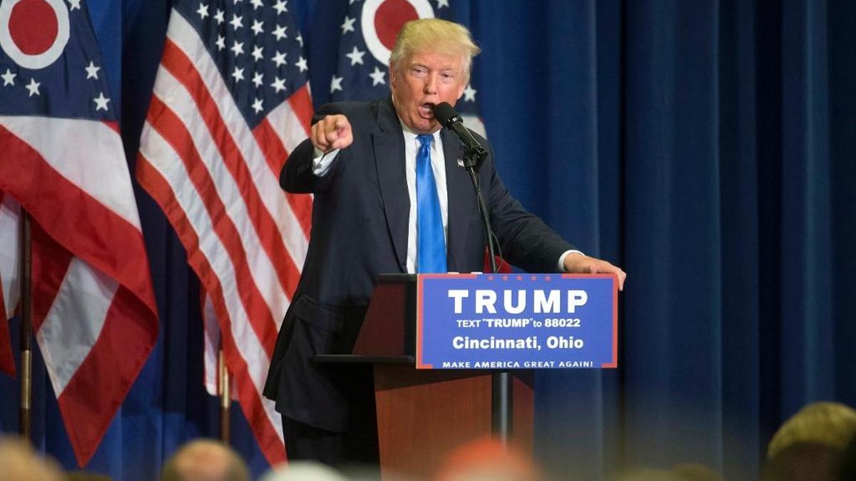 Republican presidential candidate Donald Trump speaks during a campaign rally at the Sharonville Convention Center in Cincinnati.