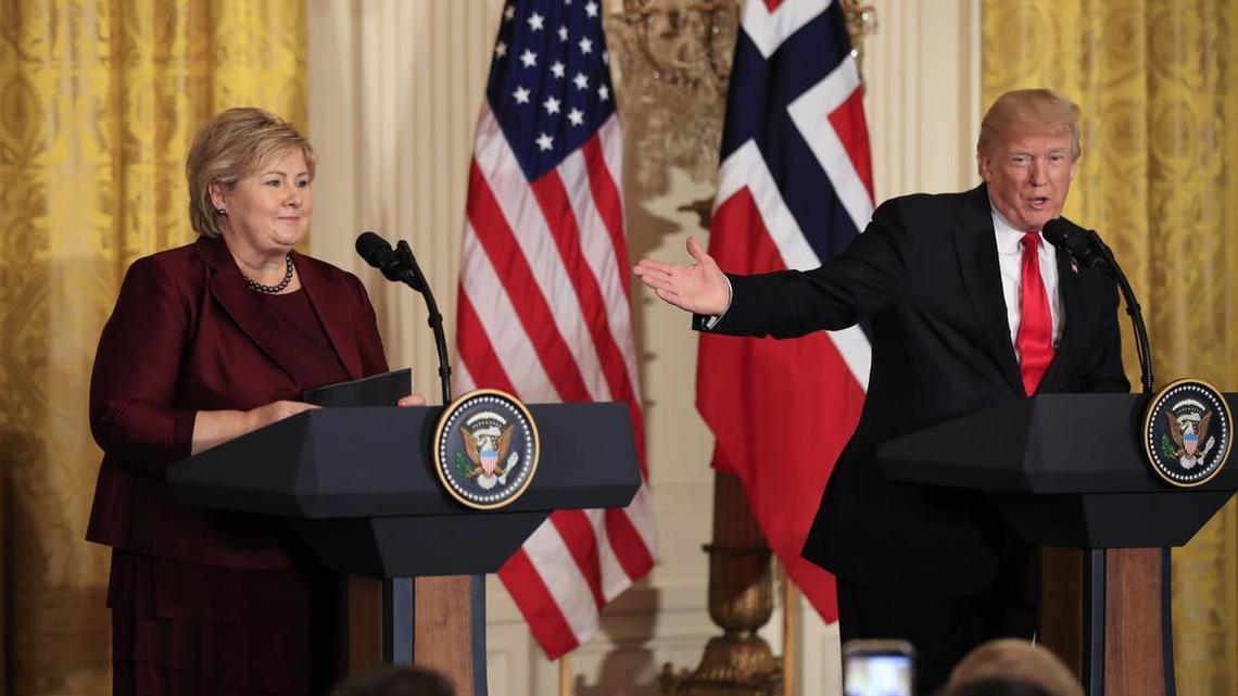 US President Donald Trump speaks during a joint news conference with Norwegian Prime Minister Erna Solberg in the East Room of the White House in Washington.