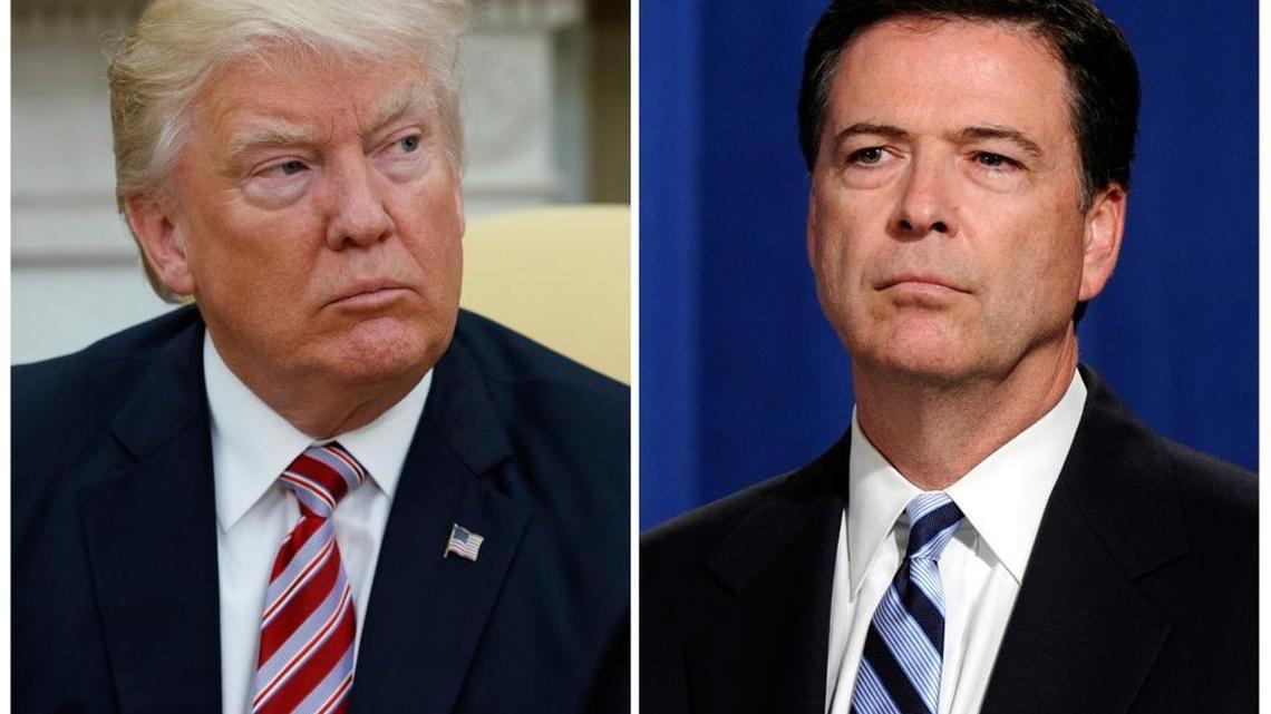In this combination photo, President Donald Trump, left, appears in the Oval Office of the White House in Washington on May 10, 2017, and FBI Director James Comey appears at a news conference in Washington on June 30, 2014. Comey is making his first public comments since being fired by President Donald Trump and, according to his prepared remarks, will talk about the president's efforts put the investigation behind him.