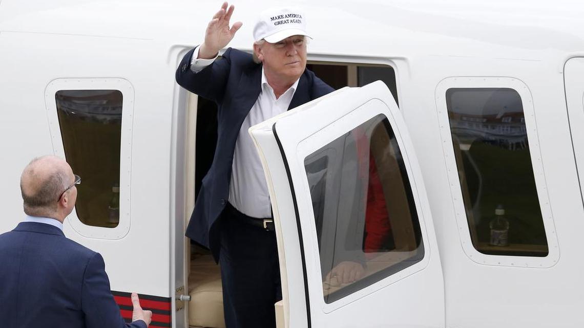 The presumptive Republican presidential nominee Donald Trump waves as he arrives by helicopter at his revamped Trump Turnberry golf course in Turnberry Scotland Friday June 24, 2016.Trump saluting the United Kingdom's vote to leave the European Union, saying "they took back their country, it's a great thing." Trump arrived at his Turnberry golf course in Scotland a day after the so-called Brexit vote.