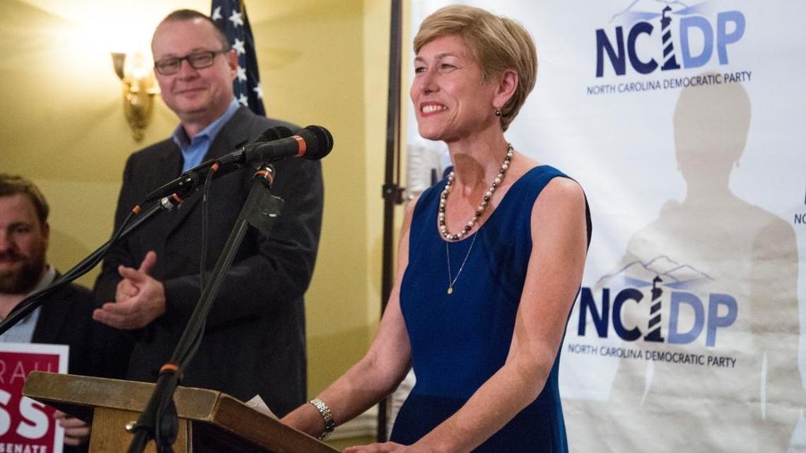 Deborah Ross, a Democrat who’s challenging North Carolina’s senior Republican U.S. senator, Richard Burr, speaks to supporters in March in Raleigh after winning the Democratic primary. Ross is one of several down-ballot candidates who might benefit from voter turnout for Hillary Clinton in November.