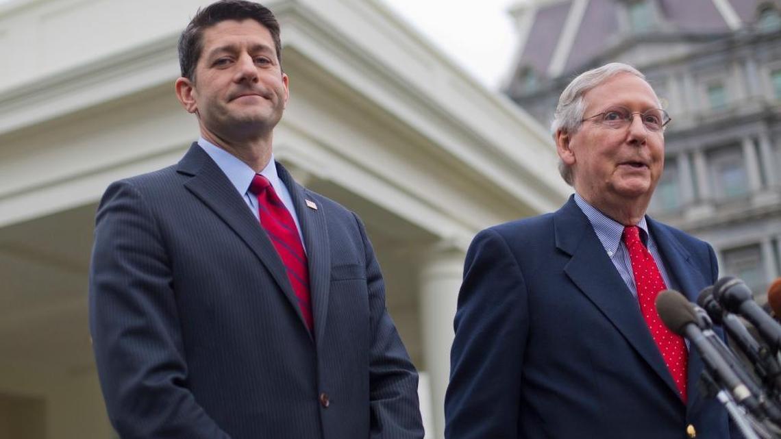 In this Monday, Feb. 27, 2017, file photo, House Speaker Paul Ryan, R-Wis., listens at left as Senate Majority Leader Mitch McConnell, R-Ky., speaks to reporters outside the White House in Washington, after meeting with President Donald Trump. After seven years of saber-rattling, Republicans seem set to start muscling legislation through Congress reshaping the country’s health care system.